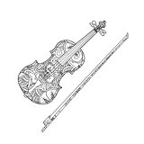 Coloring page with ornamental violin and fiddlestick isolated on white background.