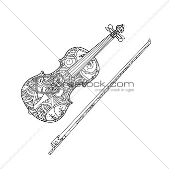 Coloring page with ornamental violin and fiddlestick isolated on white background.