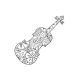 Coloring page with ornamental violin isolated on white background.