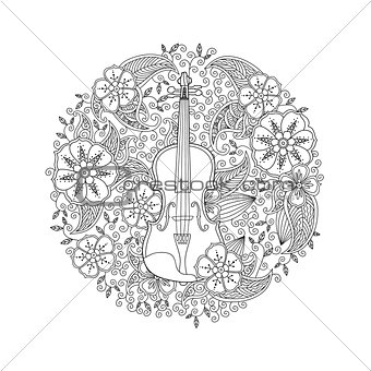 Coloring page with ornamental violin in circle shape on white background.