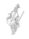 Coloring page - violin and bow with flowers , leafs in floral mehendi doodle style