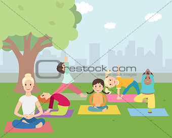 Illustration of Kids with instructor doing Yoga outdoors