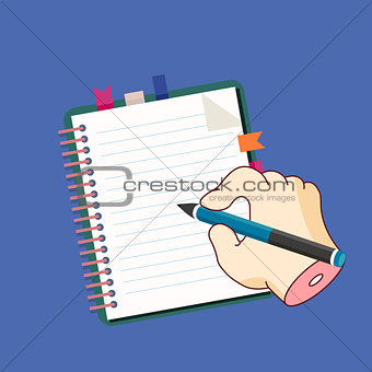 notebook and hand holding pencil