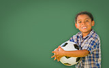 Cute Young Mixed Race Boy Holding Soccer Ball In Front of Blank 