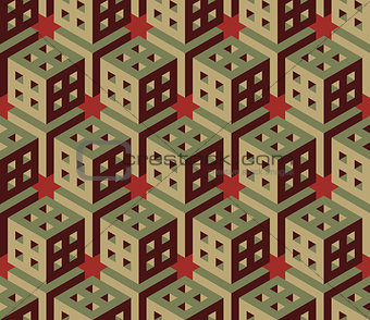 Vector Seamless Isometric Hexagonal Cube Structure  Vintage Pattern in Red and Green