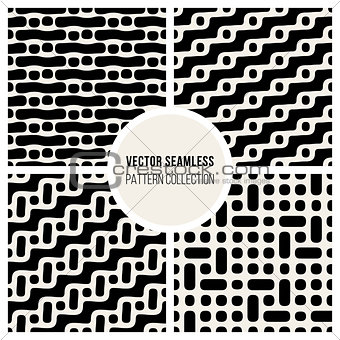 Vector Seamless Black And White Rounded Dashed Lines And Dots Pattern Collection Set