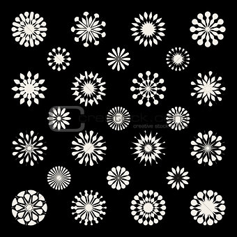 Set of Twenty Five Black White Mandala Ornament Floral Shapes and Snowflakes