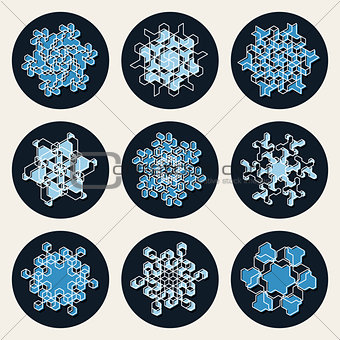 Set of Nine Vector Line Art Stroke Offset Geometric Blue Snowflake Shape Design Elements