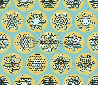 Vector Seamless Line Art Stroke Offset Geometric Teal  Snowflake Shape on Yellow Circle Background