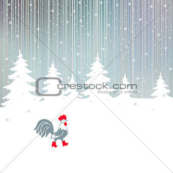 Cock walking on a snowy winter the magical forest.