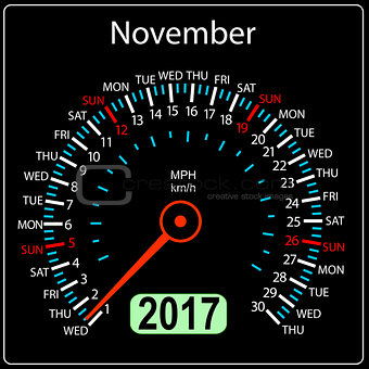year 2017 calendar speedometer car in vector. November