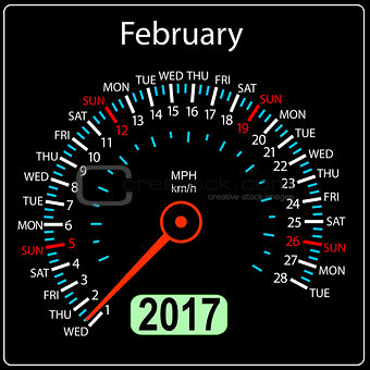 year 2017 calendar speedometer car in vector. February