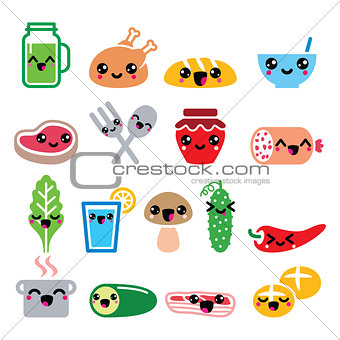 Kawaii cute food characters - meat, vegetables, drinks icons set
