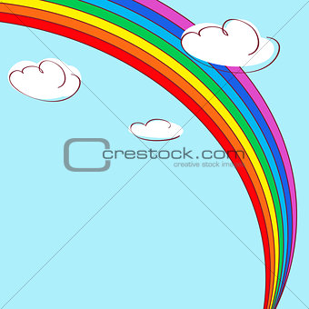 Rainbow and clouds. Light blue vector background.