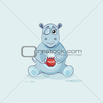 Emoji character cartoon Hippopotamus just woke up with cup of coffee