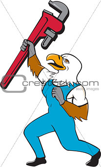 Plumber Eagle Standing Pipe Wrench Cartoon