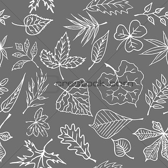 Hand drawn engraving style leaves Seamless pattern. Black and white