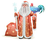 Russian Santa Claus holding blue rooster symbol of 2017