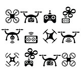 Drone quadcopter with camera and controller icons set