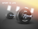 Fitness background with metal realistic dumbbell