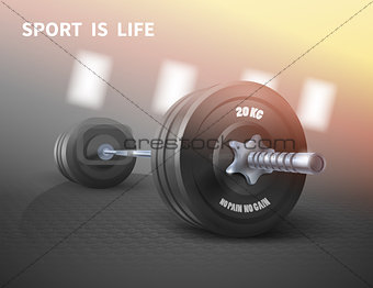 Fitness background with metal realistic dumbbell