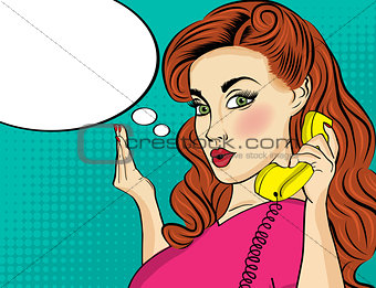 Pop art  woman chating on retro phone . Comic woman with speech 