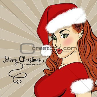 Pop art Santa girl. Pin up Santa girl. Christmas card