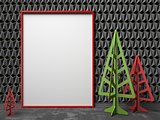 Mock-up red canvas frame, and Christmas trees. 3D