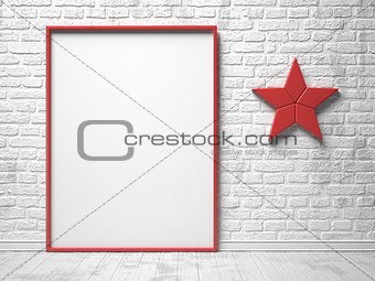 Mock-up red canvas frame, red star decor and brick wall. 3D