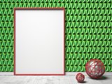 Blank picture frame and red sphere decor on green triangulated b