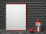 Blank picture frame and red lantern on black triangulated backgr