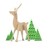 Wooden reindeer and abstract triangulated trees. 3D