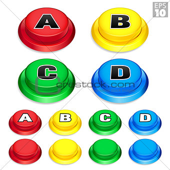 Arcade Buttons In Red, Yellow, Green, and Blue Colors For Retro Games.