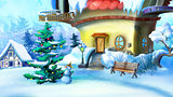 Christmas Tree and Snowman Near a Fairy Tale House