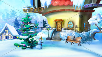 Christmas Tree and Snowman Near a Fairy Tale House