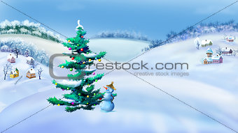 Landscape with Christmas Tree and Snowman