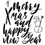 Merry christmas and happy new year typography. Handdrawn snowman. Xmas lettering
