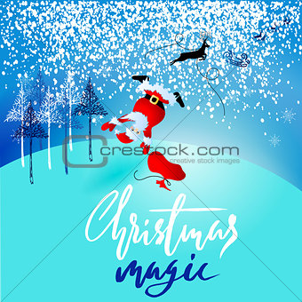Santa Claus fall from sleigh with harness on the reindeer. Vector illustration. Chtistmas handwritten lettering. EPS10