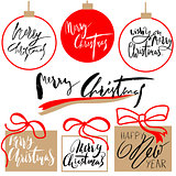 Vintage Merry Christmas And Happy New Year Handdrawn Calligraphic And Typographic labels set. Decorations elements, Symbols, Icons, Frames, Ornaments and Ribbons, set.