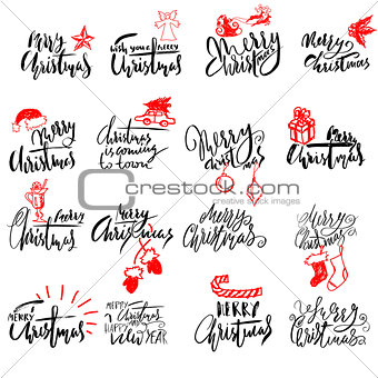 Merry Christmas handwritten lettering. Typographic emblems set. Vector logo, text design. Usable for banners, greeting cards, gifts, labels.