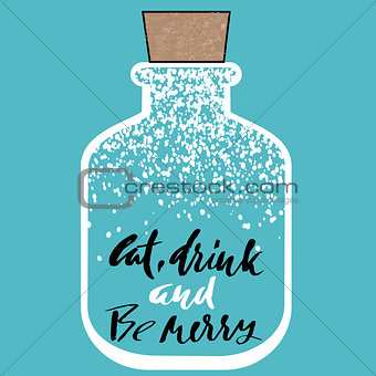 Christmas jar with snow. Greeting card with christmas lettering jn blue background. Xmas tin. Vector pot illustration.
