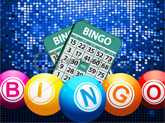 Bingo balls and cards on blue mosaic background