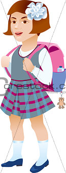 Schoolgirl with backpack on a white background.