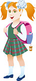 Schoolgirl with backpack on a white background.
