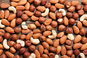 Nuts on wooden table