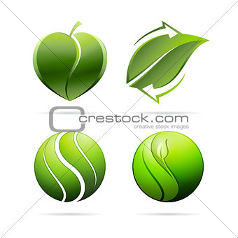 Ecological leaves concept icons. Heart, recycling, yin yang. Vector illustration.