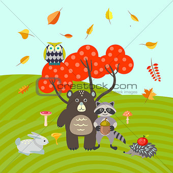 Forest animals on autumn meadow vector illustration.