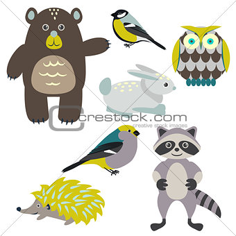 Forest cartoon animals isolated on white for kids.
