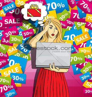 Vector woman buy Christmas gifts online
