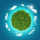 3D grassy globe with clouds on a blue sky background